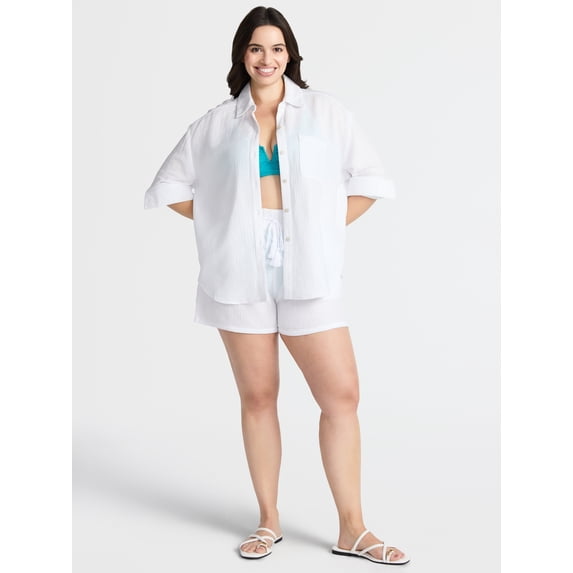 Time and Tru Women's and Women's Plus Button Down Cotton Coverup Shirt, Sizes XS - 3X
