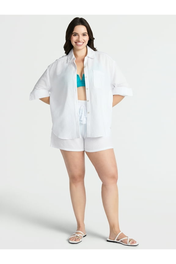 Women's and Women's Plus Button Down Cotton Coverup Shirt, Sizes XS - 3X