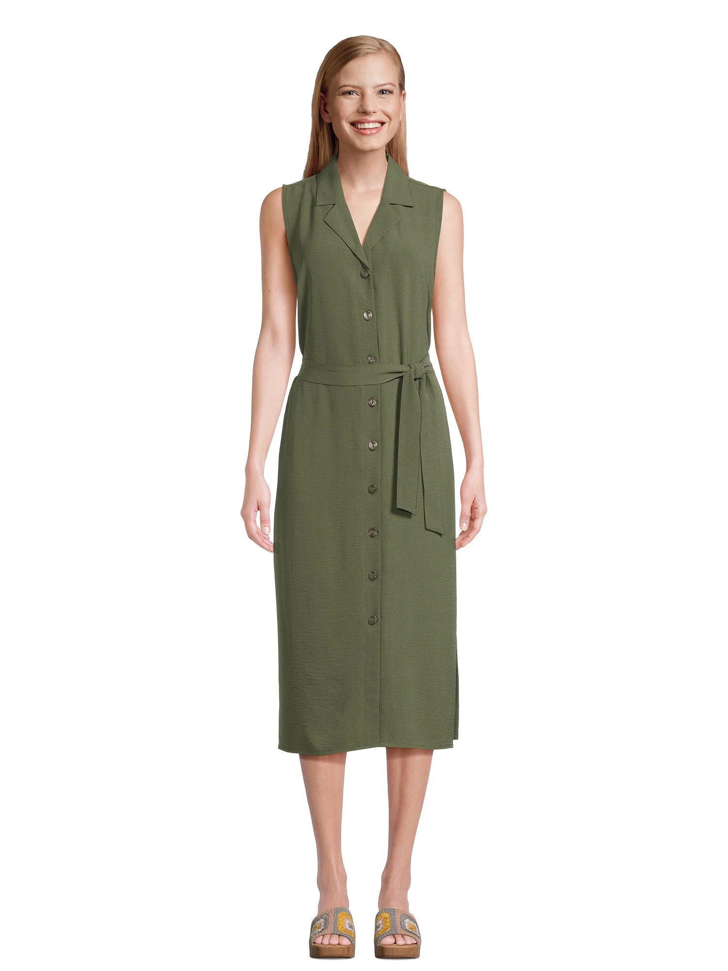 Time and Tru Women's and Women's Plus Button Down Shirt Dress with Belt, Sizes XS-4X