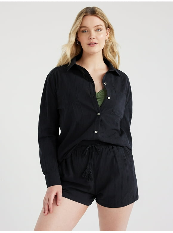 Time and Tru Women's and Women's Plus Cotton Button Front Coverup Shirt, Sizes XS-3X
