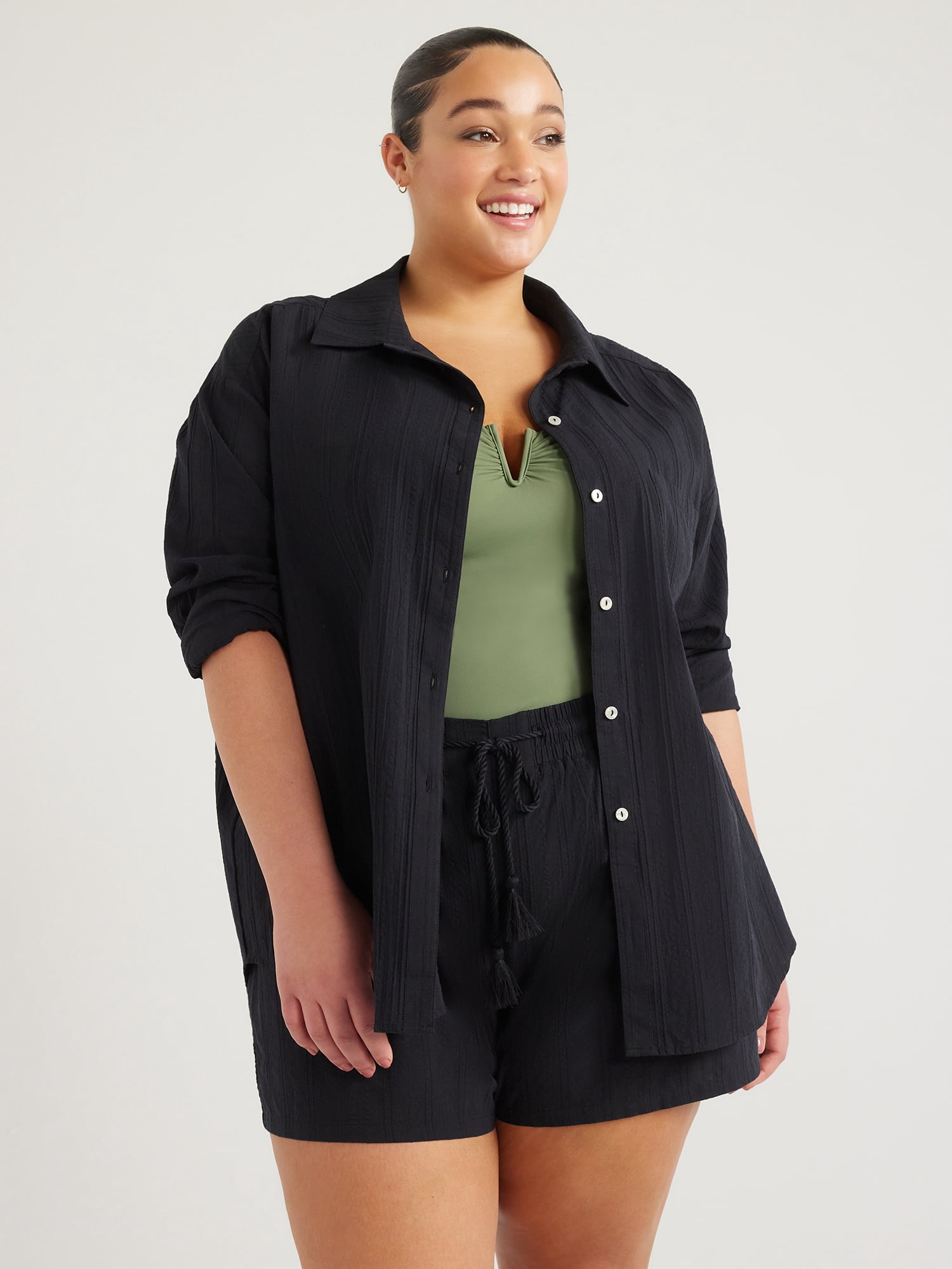 Time and Tru Women's and Women's Plus Cotton Button Front Coverup Shirt ...