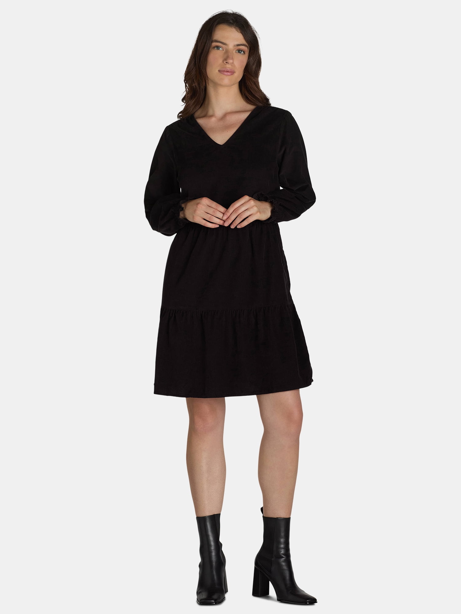 Time and Tru Women's Tiered Corduroy Dress with Long Sleeves, Sizes XS-XXXL