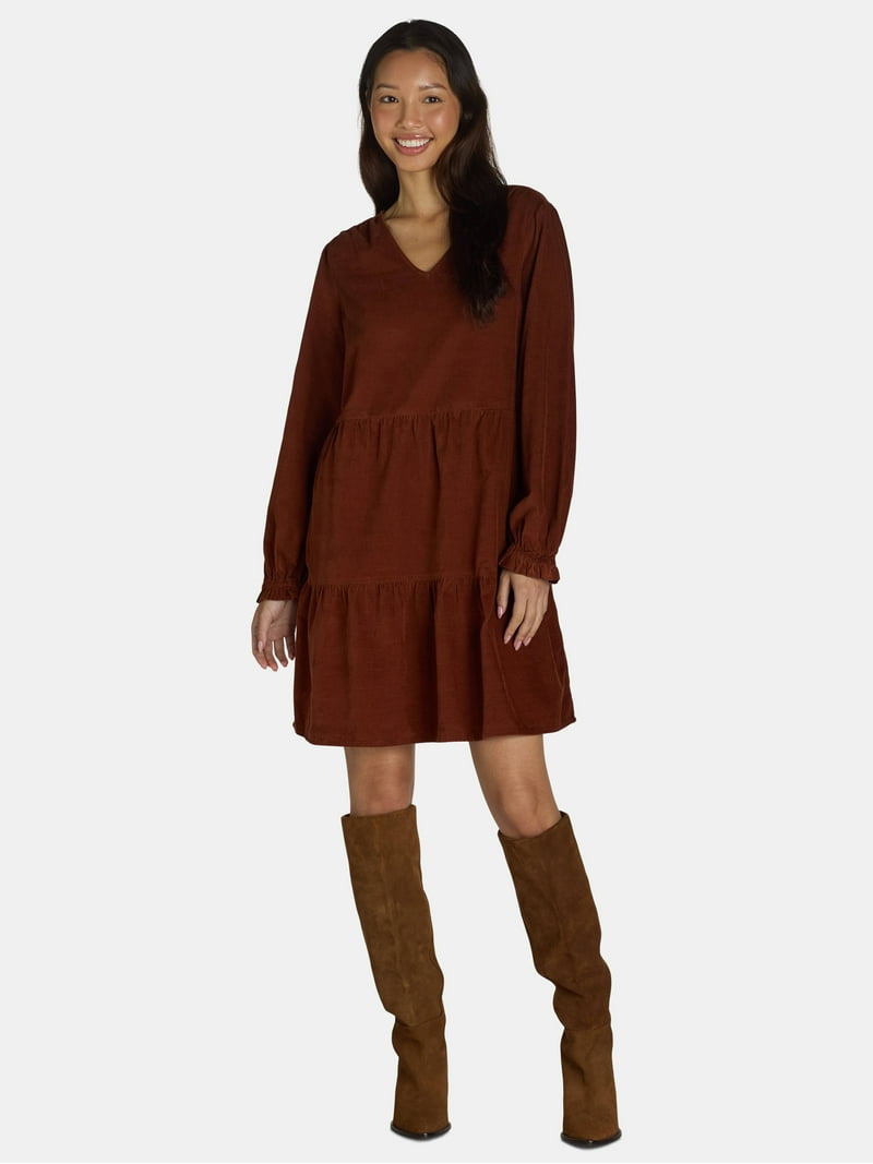 Time and Tru Women's Tiered Corduroy Dress with Long Sleeves, Sizes XS-XXXL