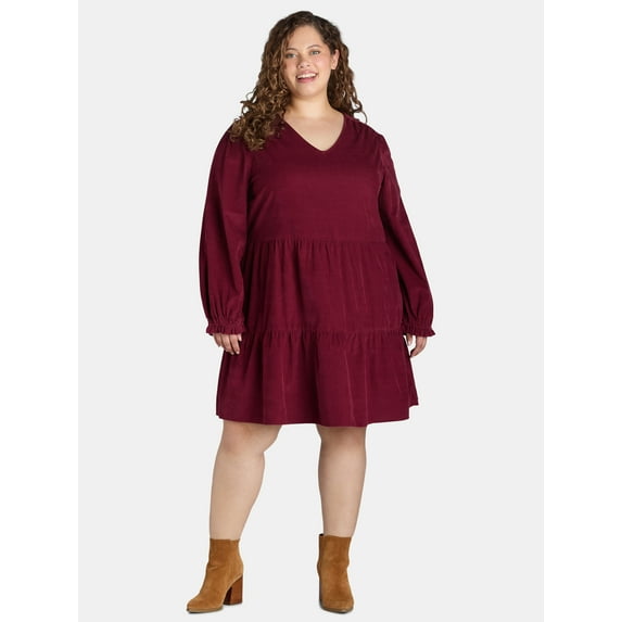 Time and Tru Women's Tiered Corduroy Dress with Long Sleeves, Sizes XS-XXXL