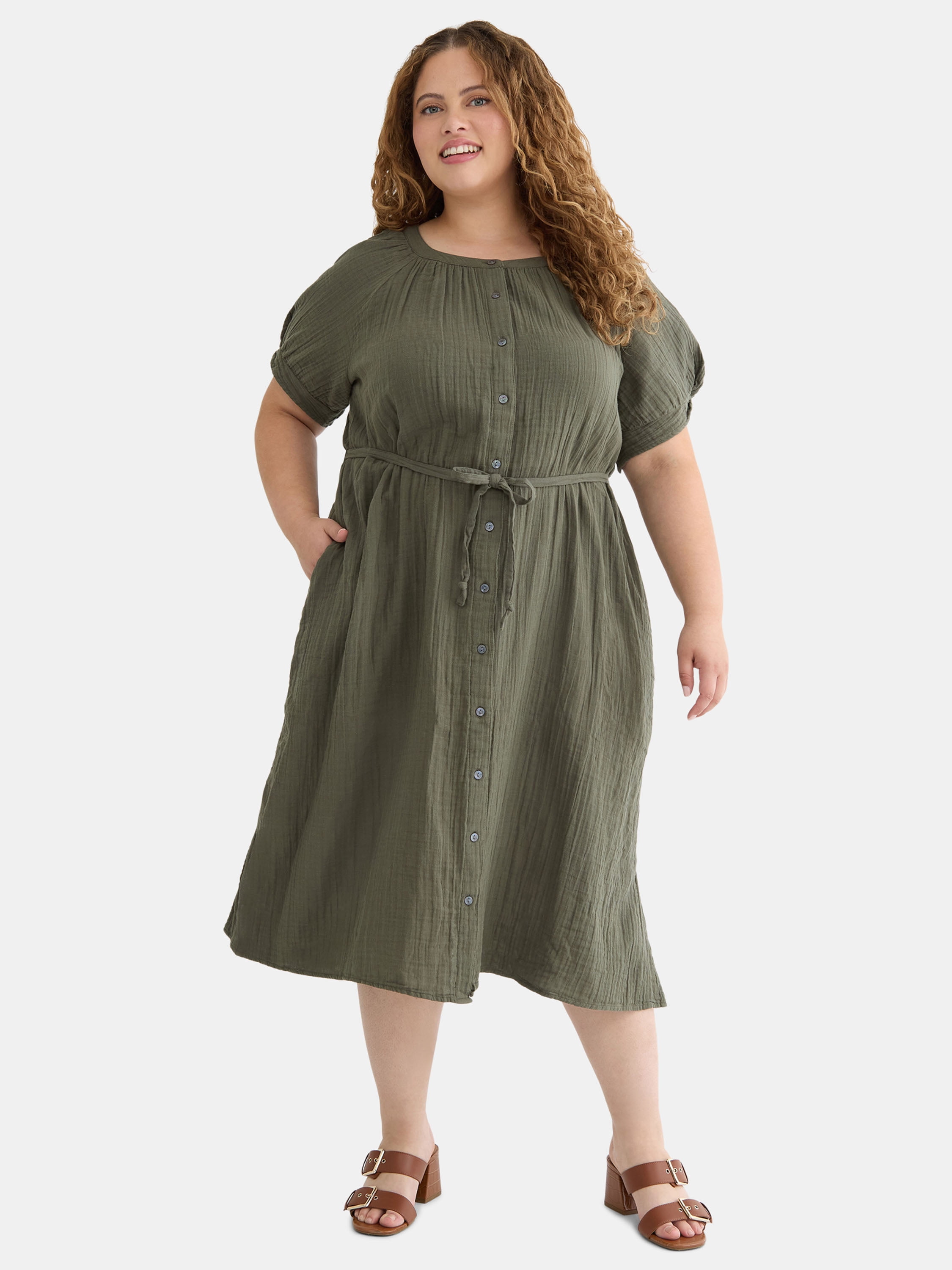 Time and Tru Women’s and Women’s Plus Cotton Double Cloth Midi Dress, Sizes XS-4X