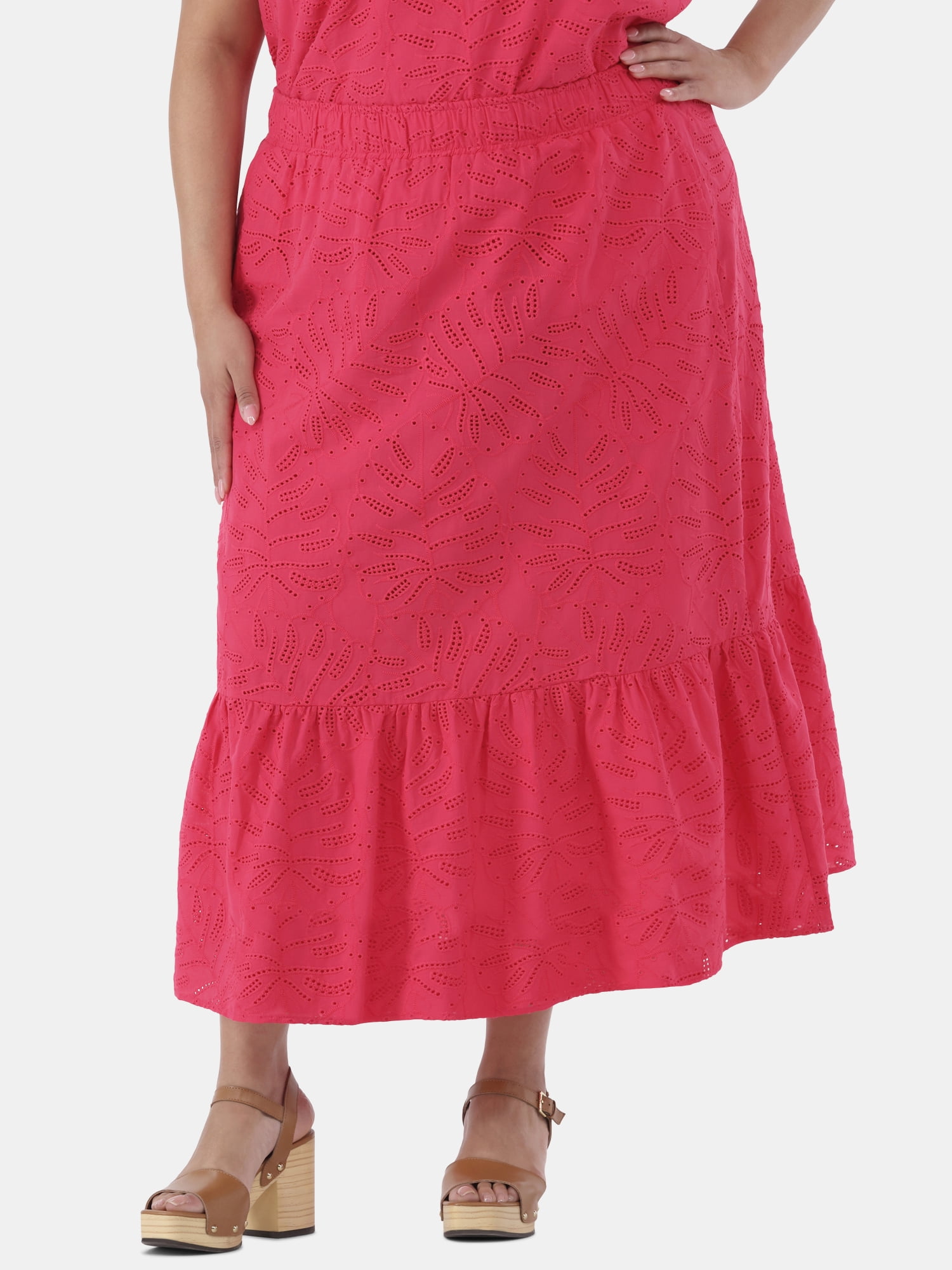 Time and Tru Women's Cotton Eyelet Tiered Midi Skirt with Elastic Wasitband, XS-XXXL, 1X-4X
