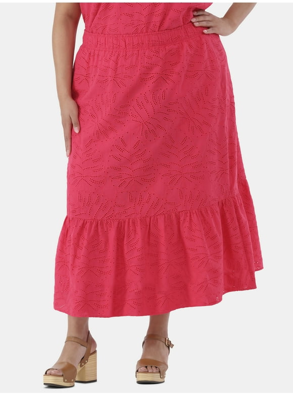 Women's and Women’s Plus Cotton Eyelet Tiered Midi Skirt, Sizes XS-4X