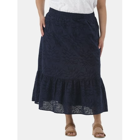 Time and Tru Women's and Women’s Plus Cotton Eyelet Tiered Midi Skirt, Sizes XS-4X