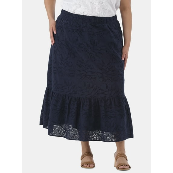 Time and Tru Women's and Women’s Plus Cotton Eyelet Tiered Midi Skirt, Sizes XS-4X