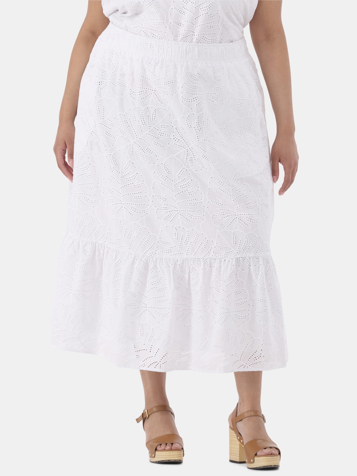 Time and Tru Women's Cotton Eyelet Tiered Midi Skirt with Elastic Wasitband, XS-XXXL, 1X-4X