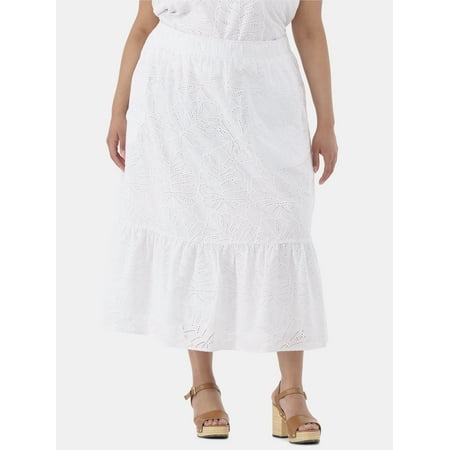 Time and Tru Women's Cotton Eyelet Tiered Midi Skirt with Elastic Wasitband, XS-XXXL, 1X-4X