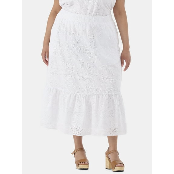 Time and Tru Women's and Women’s Plus Cotton Eyelet Tiered Midi Skirt, Sizes XS-4X