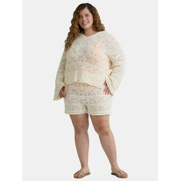 Time and Tru Women's and Women's Plus Cotton Macrame Coverup Shorts, Sizes XS-2X