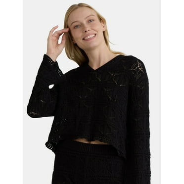 Time and Tru Women's and Women's Plus Cotton Macrame Hoodie Coverup, Sizes XS-2X