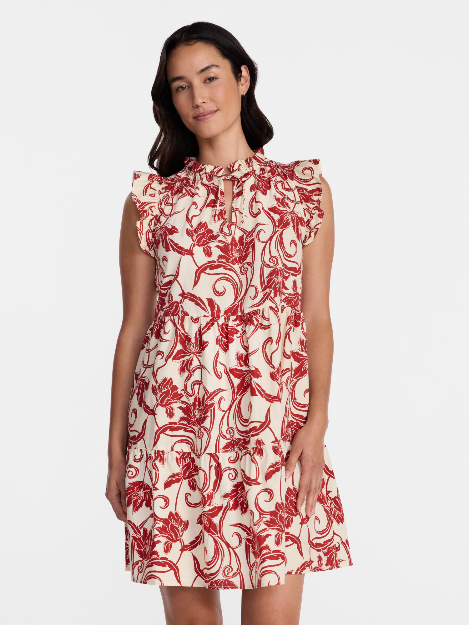 Time and Tru Women's and Women's Plus 100% Cotton Mini Dress with Flutter Sleeves, Rustic Red, Sizes XS-4X