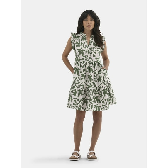 Time and Tru Women's and Women's Plus Cotton Mini Dress with Flutter Sleeves, Sizes XS-4X