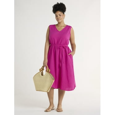 Time and Tru Women's and Women's Plus Cotton V Neck Midi Dress, Sizes XS-4X