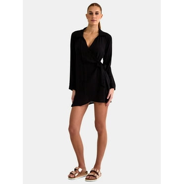Time and Tru Women’s and Women’s Plus Coverup Wrap Dress with Long Sleeves, Sizes XS-3X