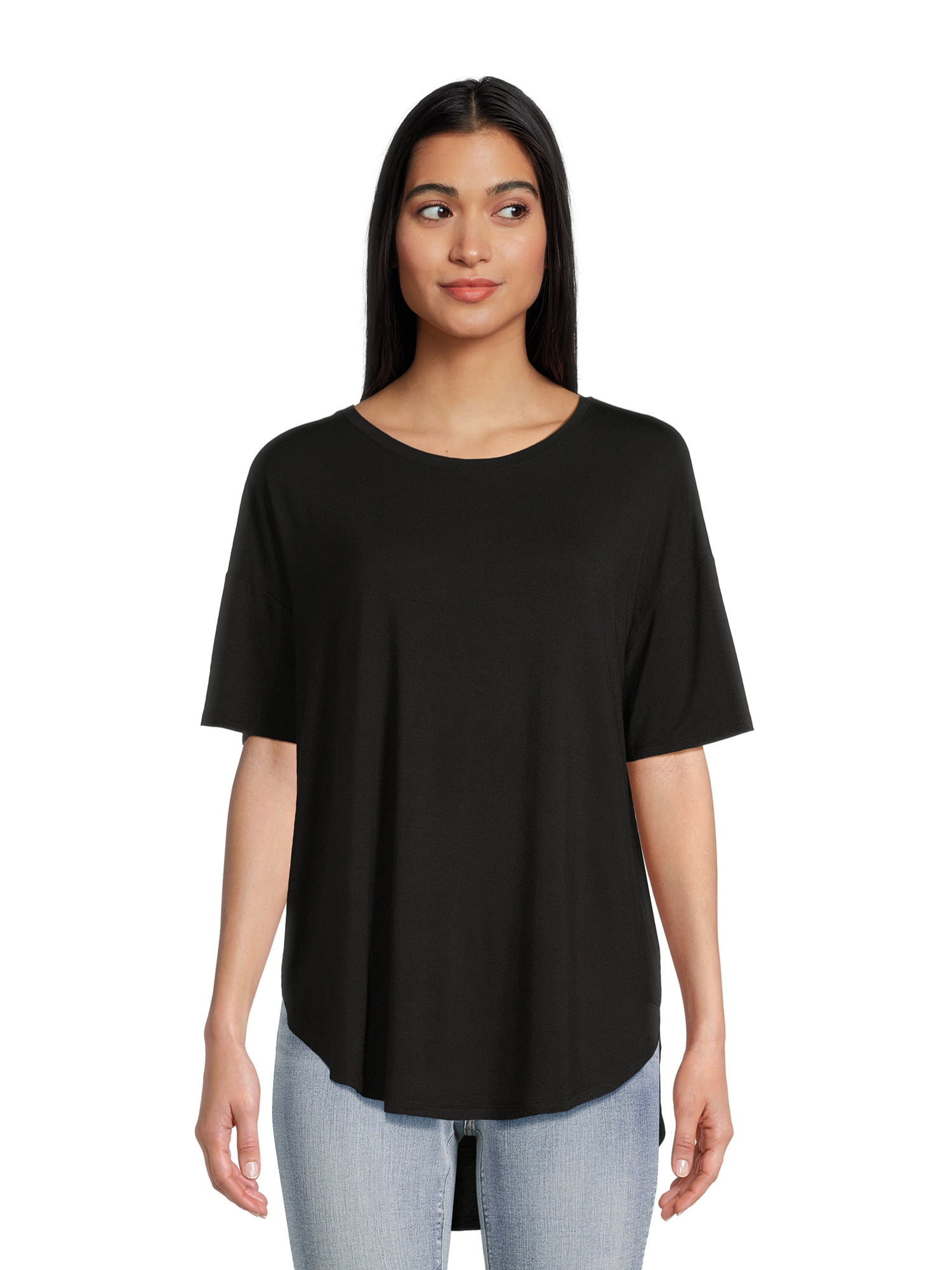 Time and Tru Women's and Women’s Plus Crewneck Tunic Tee with Short Sleeves, Sizes S-3XL