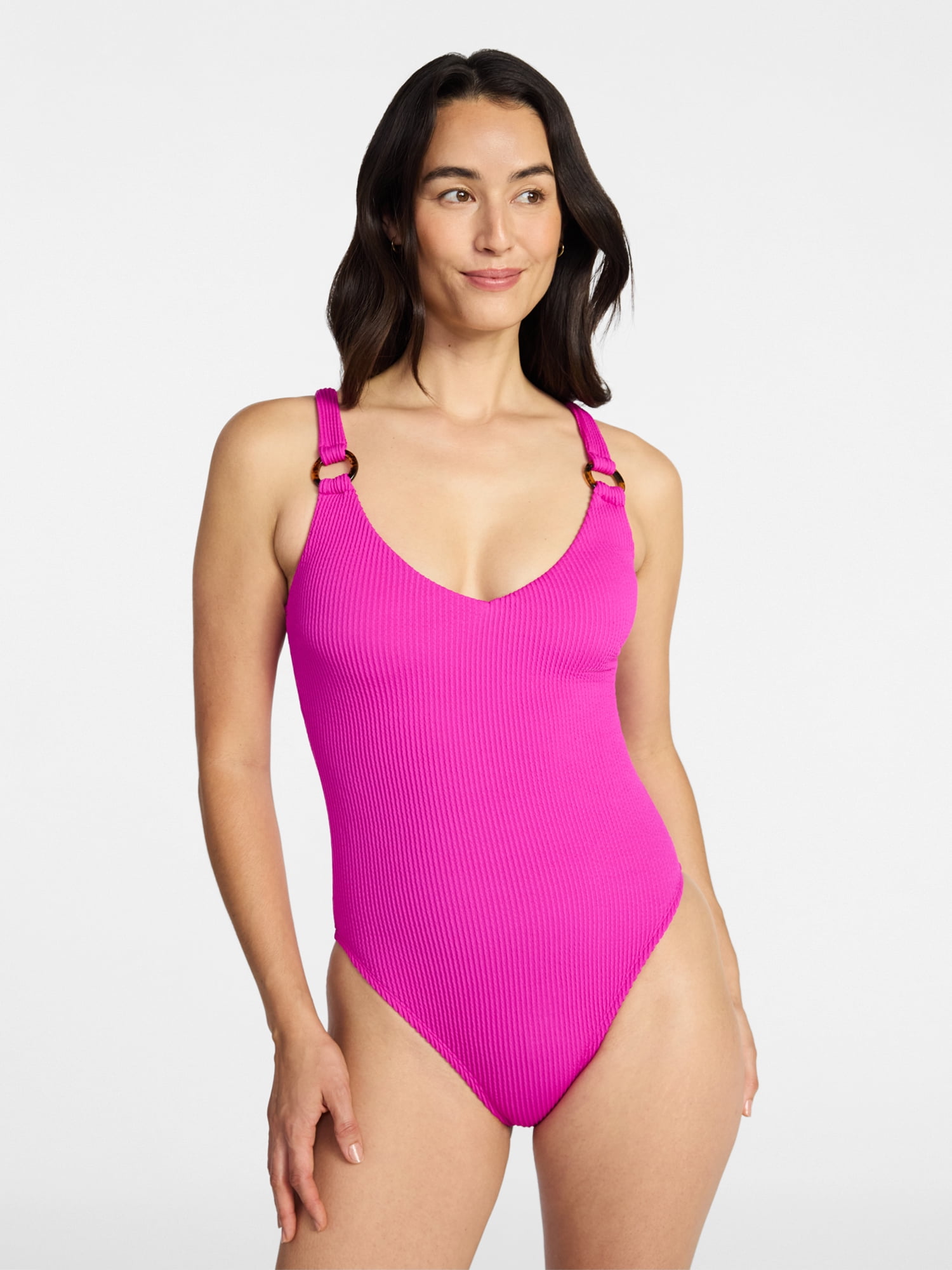 Time and Tru Women's and Women’s Plus Crinkle Plunge One-Piece Swimsuit, Sizes XS-3X