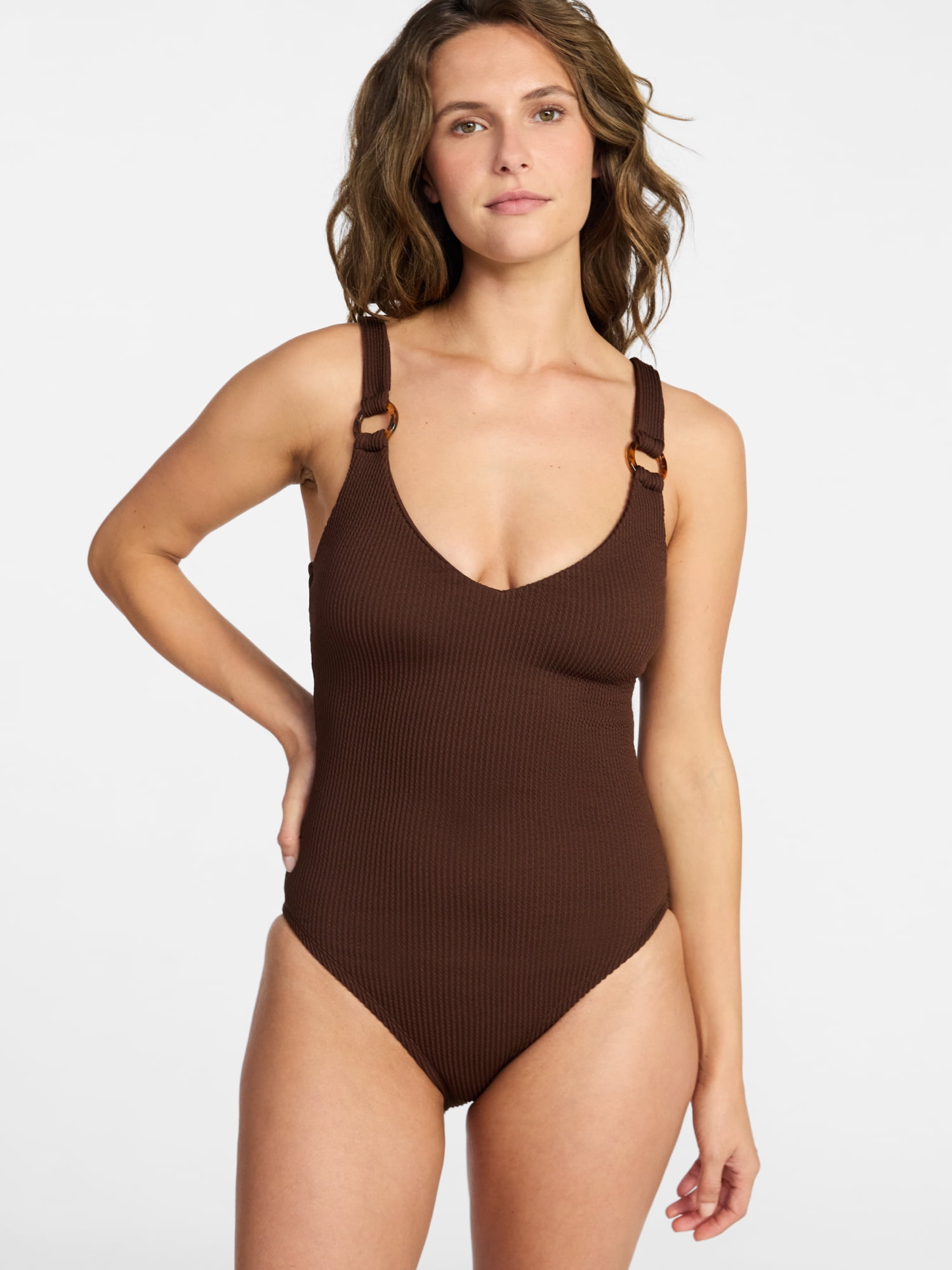 Time and Tru Women's and Women’s Plus Crinkle Plunge One-Piece Swimsuit, Sizes XS-3X