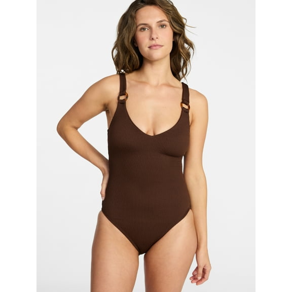 Time and Tru Women's and Women’s Plus Crinkle Plunge One-Piece Swimsuit, Sizes XS-3X
