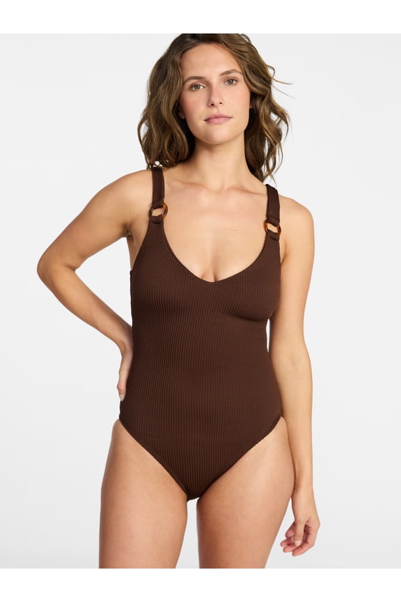 Women's and Women’s Plus Crinkle Plunge One-Piece Swimsuit, Sizes XS-3X