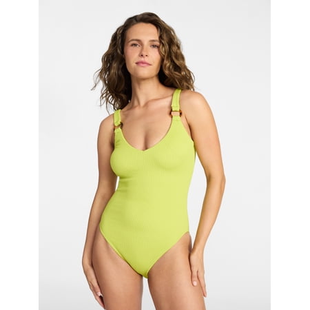 Time and Tru Women's Crinkle Plunge One-Piece Swimsuit, Sizes XS-3X