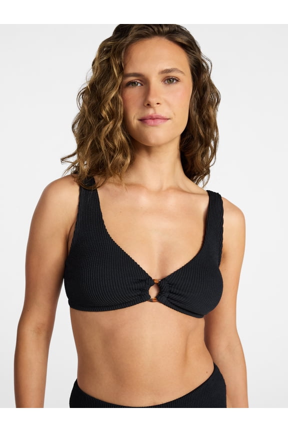 Women's and Women's Plus Size Crinkle Plunge Ring Front Bikini Top, Sizes XS-3X