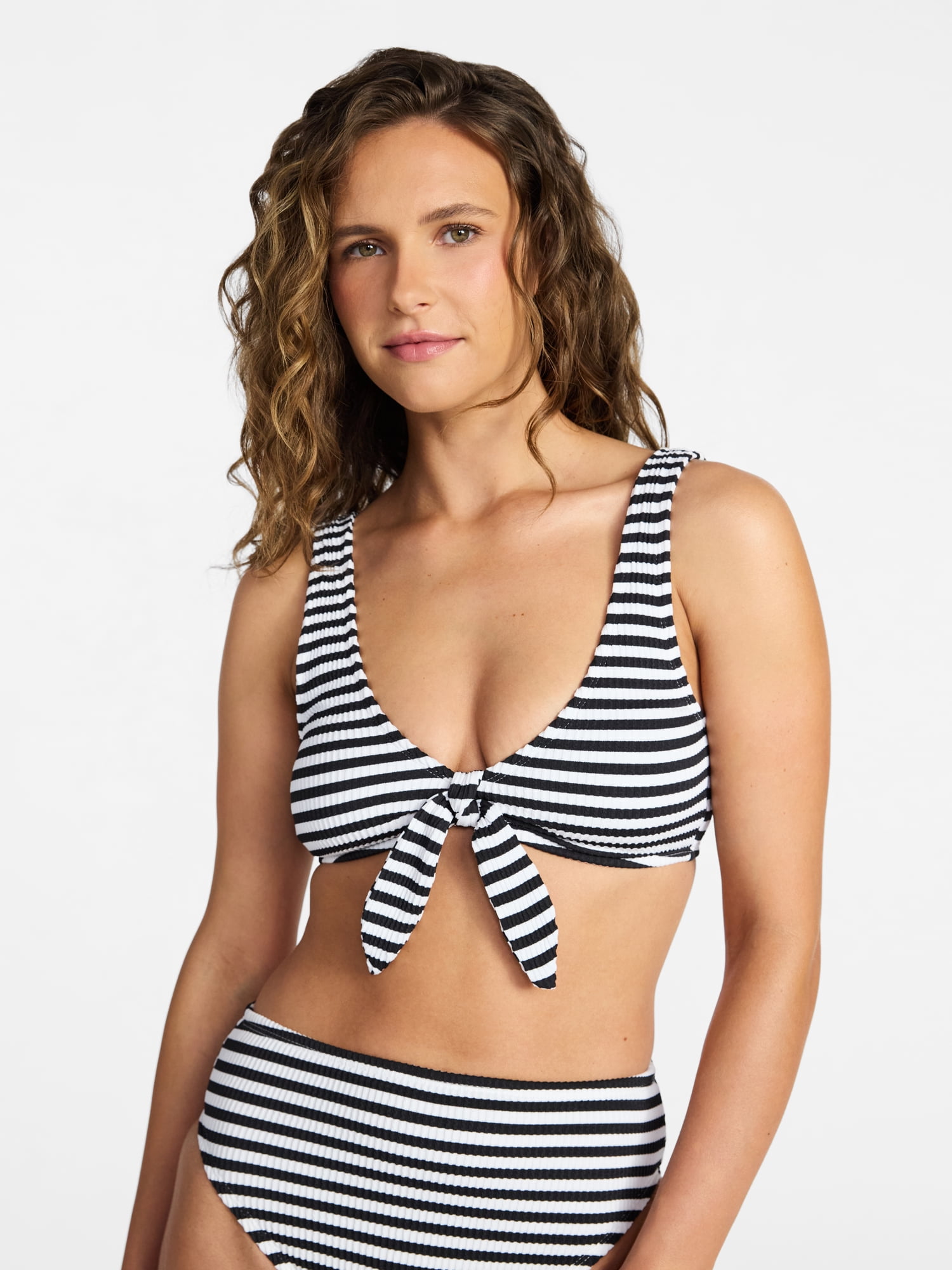 Time and Tru Women's and Women's Plus Crinkle Plunge Tie Front Bikini Top, Sizes XS-3X