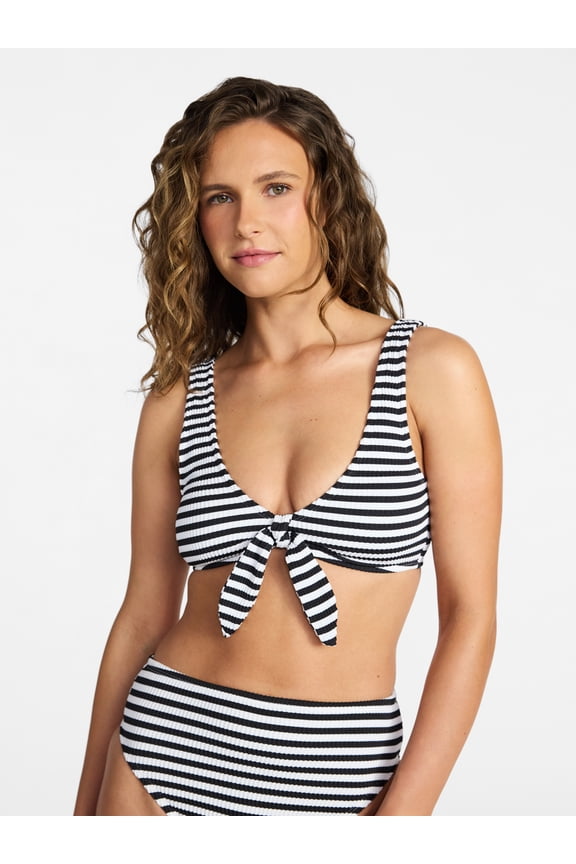 Women's and Women's Plus Crinkle Plunge Tie Front Bikini Top, Sizes XS-3X