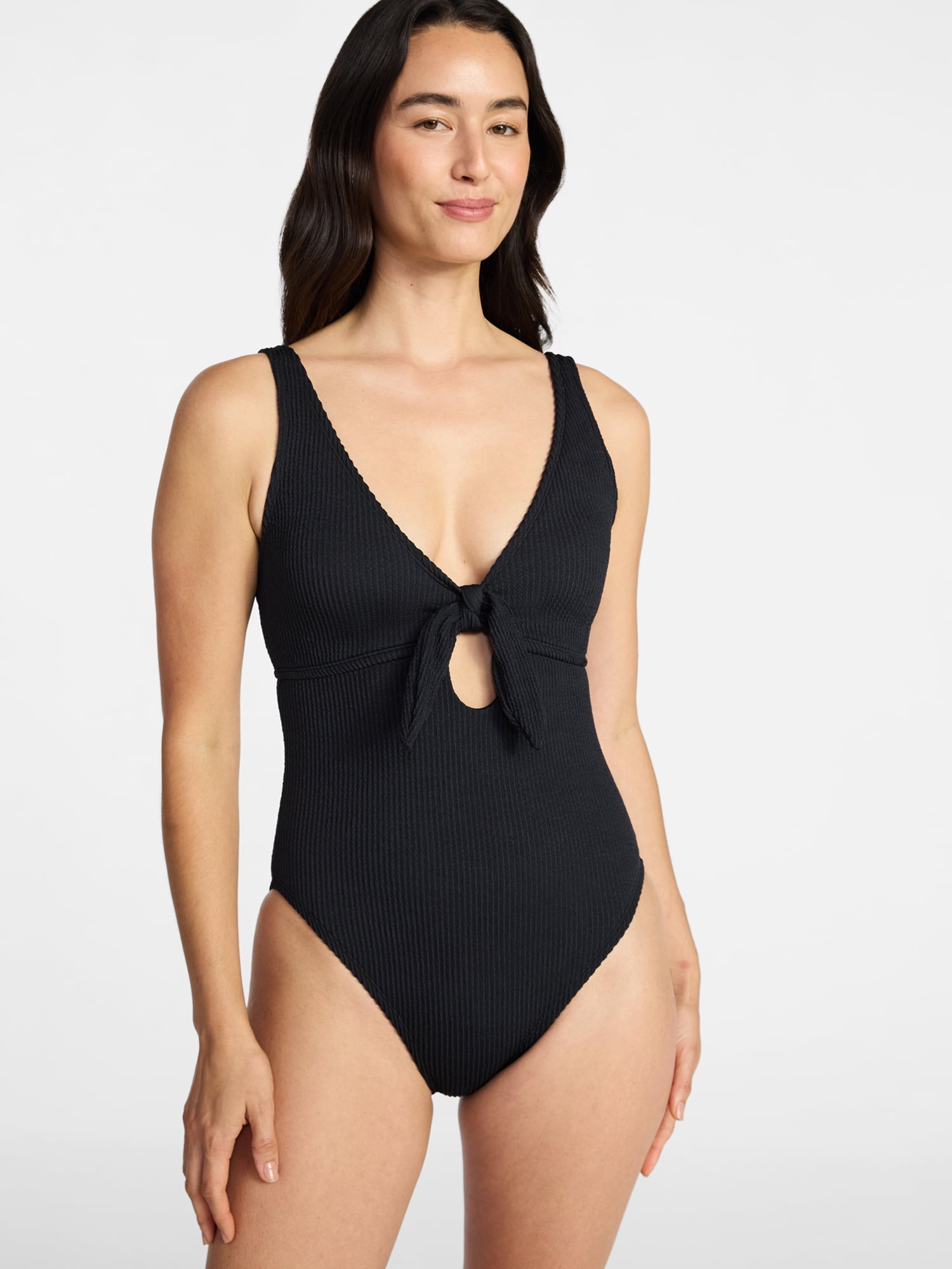 Time and Tru Women's and Women's Plus Size Crinkle Plunge Tie Front One Piece Swimsuit, Sizes XS-3X