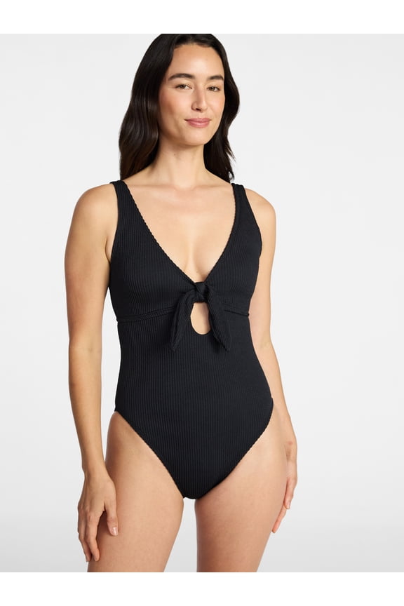 Women's and Women's Plus Size Crinkle Plunge Tie Front One Piece Swimsuit, Sizes XS-3X