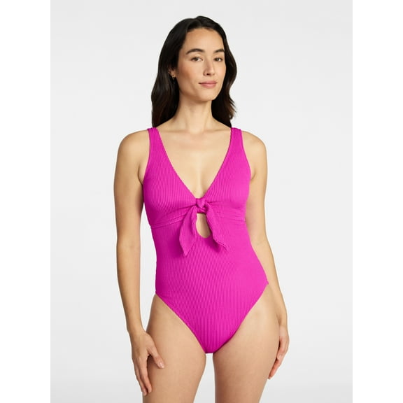 Time and Tru Women's and Women's Plus Size Crinkle Plunge Tie Front One Piece Swimsuit, Sizes XS-3X