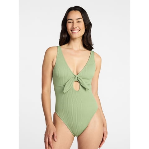 Women's Crinkle Plunge Tie Front One Piece Swimsuit, Sizes XS-3X
