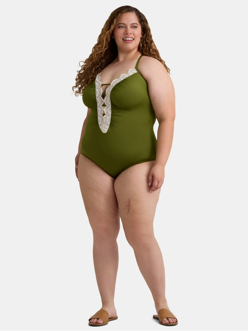 Time and Tru Women's Plunge One-Piece Swimsuit with Crochet Lace