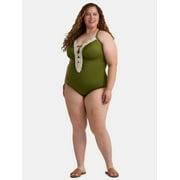 Time and Tru Women's and Women’s Plus Plunge One Piece Swimsuit with Crochet Lace Trim, Sizes XS-3X