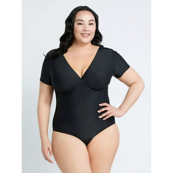 Time and Tru Women's and Women’s Plus Crossover One Piece Swimsuit with Short Sleeves, Sizes S-2X