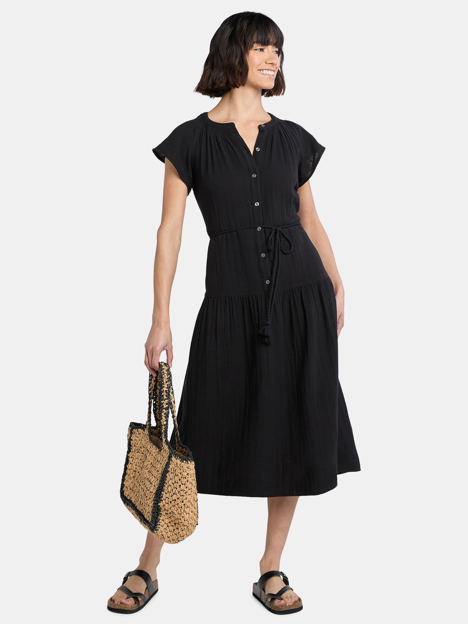 Time and Tru Women's and Women's Plus Double Cloth Cotton Midi Dress, Sizes XS-4X