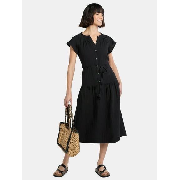 Time and Tru Women's and Women's Plus Double Cloth Cotton Midi Dress, Sizes XS-4X