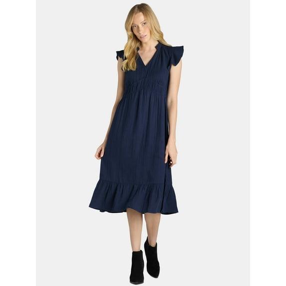 Time and Tru Women's and Women's Plus Double Cloth Midi Dress, Sizes XS-4X
