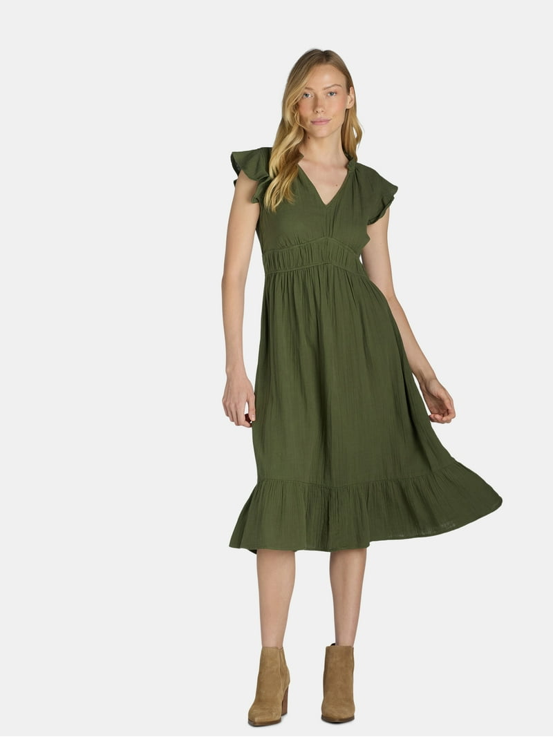 Time and Tru Double Cloth Midi Dress - Cotton - Walmart.com