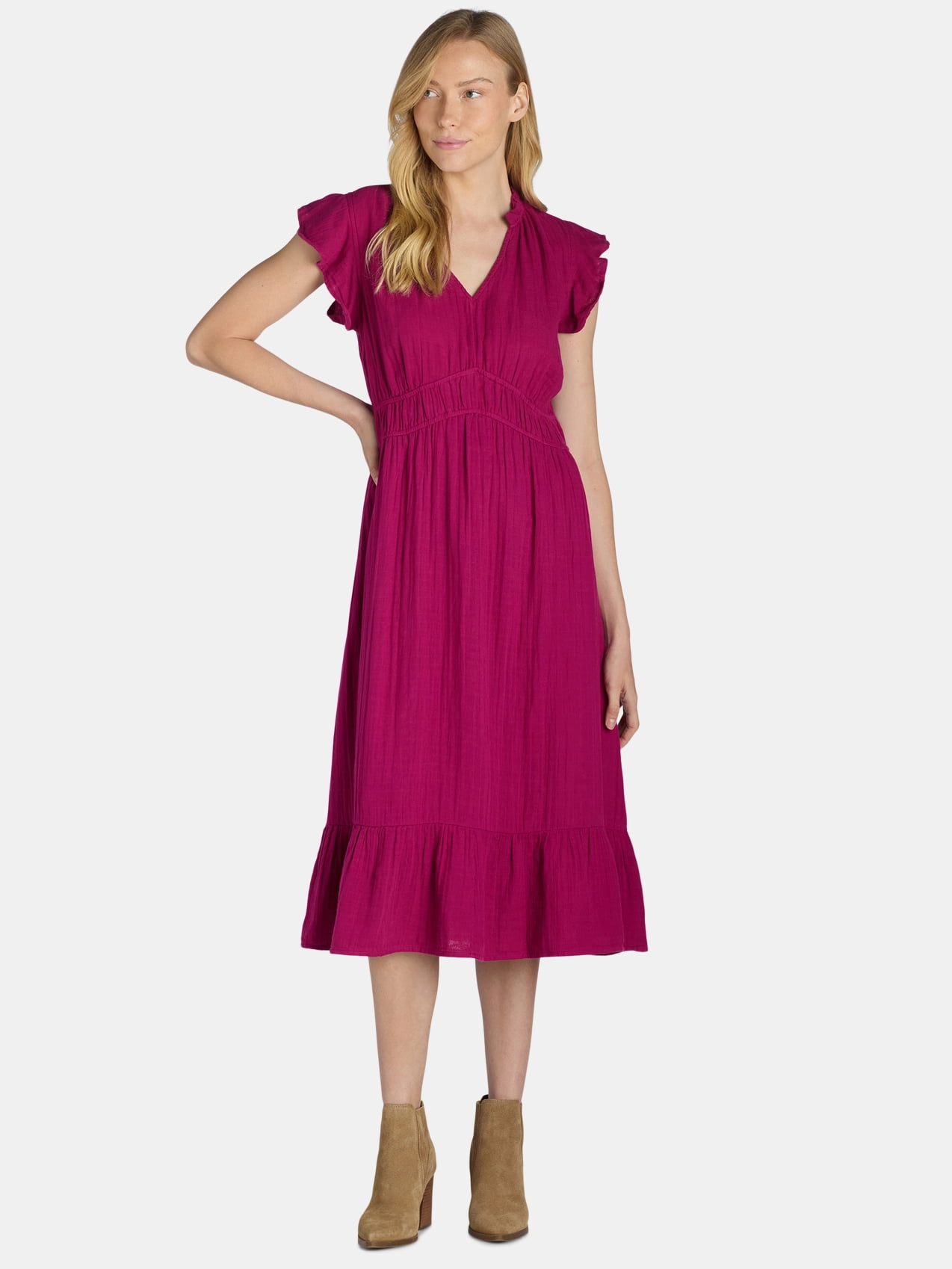 Time and Tru Women's and Women's Plus Double Cloth Midi Dress, Sizes XS-4X
