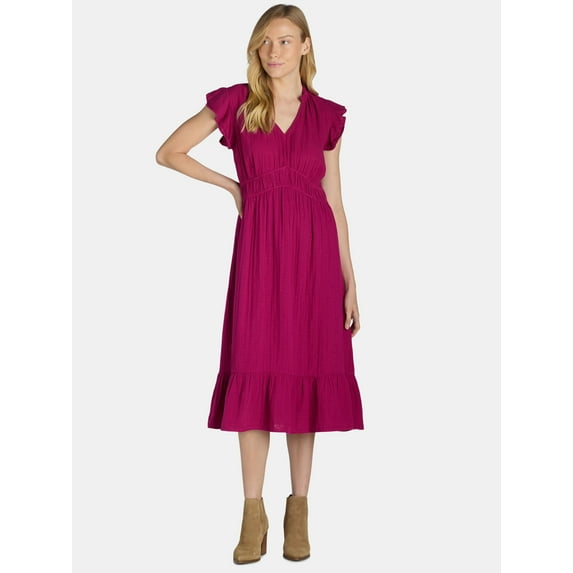 Time and Tru Women's and Women's Plus Double Cloth Midi Dress, Sizes XS-4X