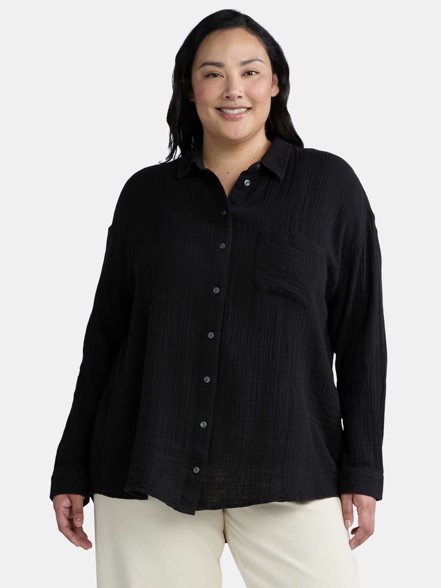 Time and Tru Women's Double Cloth Cotton Shirt with Long Sleeves, Sizes XS-XXXL