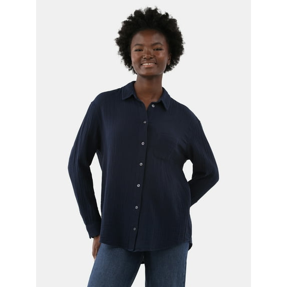 Time and Tru Women's Double Cloth Cotton Shirt, Sizes XS-XXXL