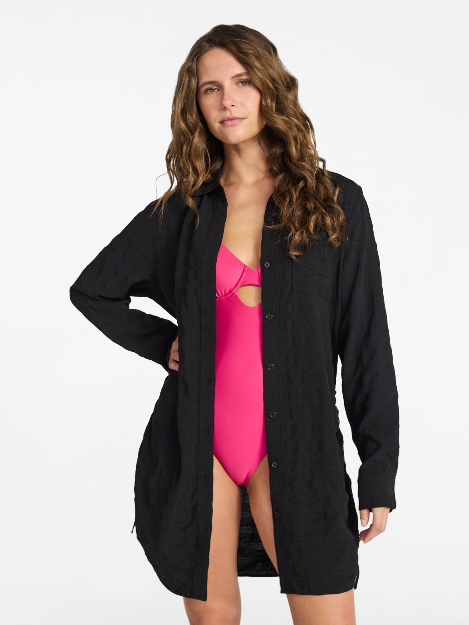 Time and Tru Women's and Women's Plus Size Essentials Convertible Button Down Shirt Coverup, Sizes XS-3X