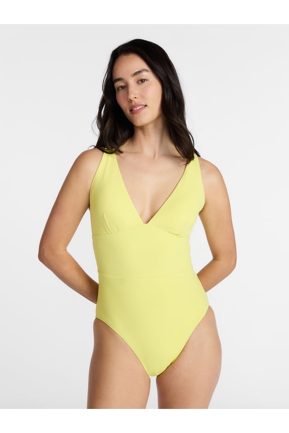 Women's and Women's Plus Ribbed Plunge One Piece Swimsuit, Sizes XS-3X