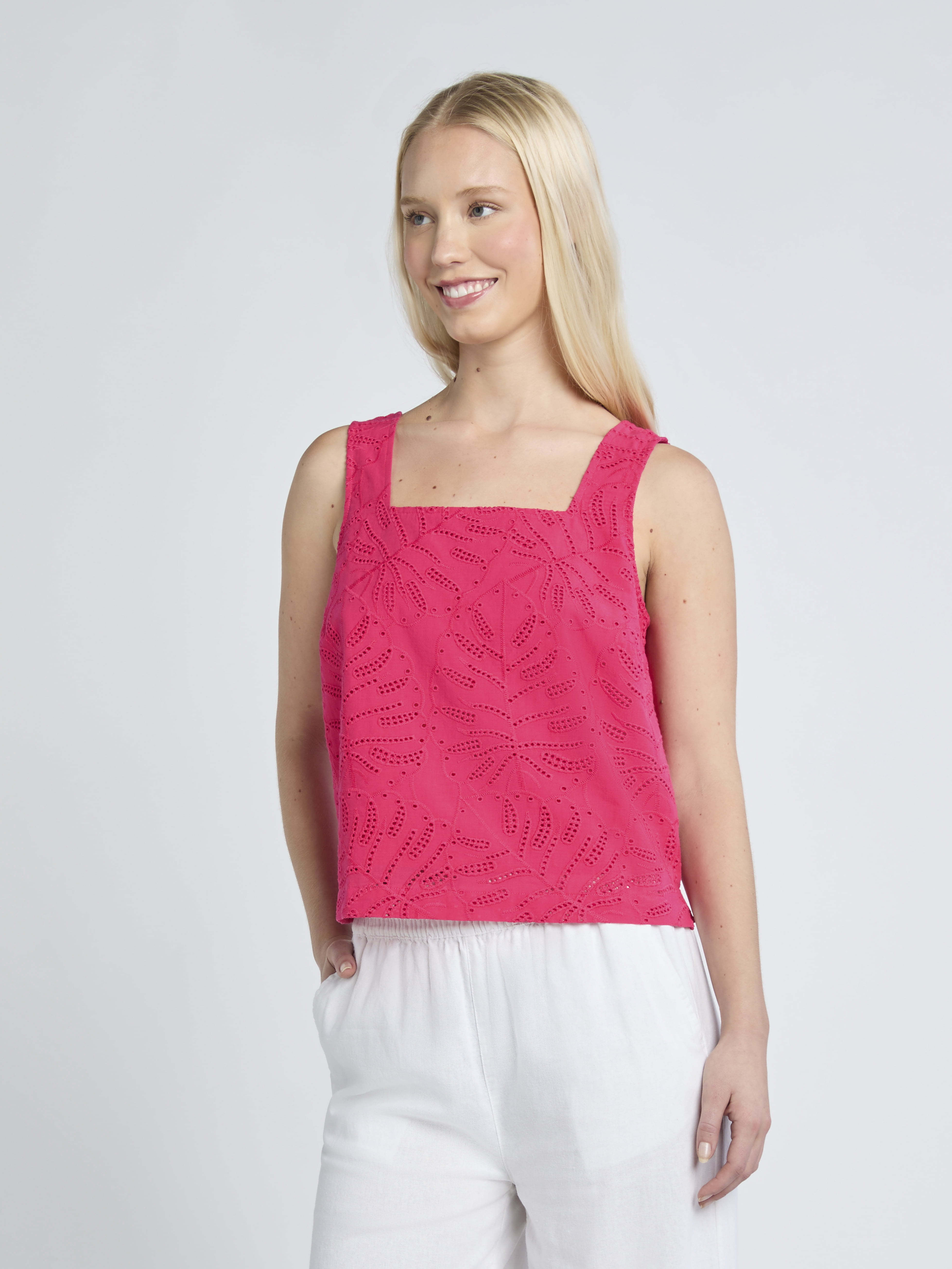 Time and Tru Women's and Women's Plus Eyelet Leaf Pattern Cotton Tank Top, XS-4X