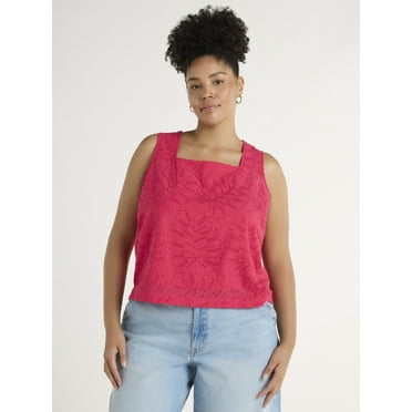 Time and Tru Women's and Women's Plus Eyelet Leaf Pattern Cotton Tank Top, XS-4X
